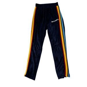 Palm Angels Boys Girls XL Velour Track Pants Rainbow Stripe Retro Navy Blue